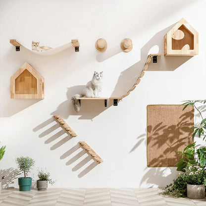 Étagère murale d’escalade pour chat avec échelle, marches, poteau à griffer en sisal, lit douillet et cachette – Tour d’arbre à chat modulaire d’intérieur et accessoires de mobilier pour animaux