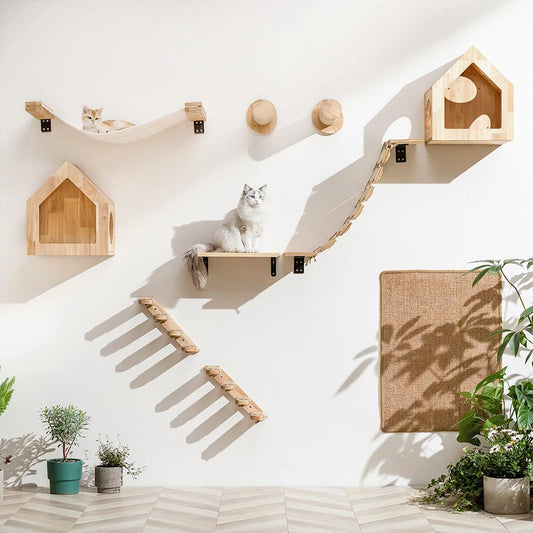 Étagère murale d’escalade pour chat avec échelle, marches, poteau à griffer en sisal, lit douillet et cachette – Tour d’arbre à chat modulaire d’intérieur et accessoires de mobilier pour animaux