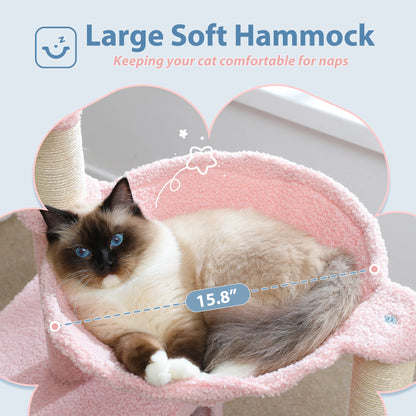 Arbre à chat fleuri avec grand hamac à cadre métallique, poteaux à griffer en sisal et perchoir rose – tour à chat stable, facile à nettoyer, avec condo spacieux à deux portes, idéal pour petits chats en intérieur.