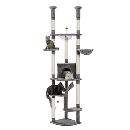 Arbre à chat réglable du sol au plafond avec 9 poteaux à griffer en sisal, condo douillet, hamac en peluche, perchoirs et balle à ressort – grand centre d’activité vertical multi-chats idéal pour les grandes famille