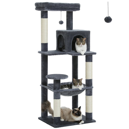 Tour d'arbre à chat à 5 niveaux pour grands chats avec hamac extra-large, niche confortable, poteaux à griffer en sisal et perchoir moelleux – Centre d'activités d'intérieur adapté aux chats lourds