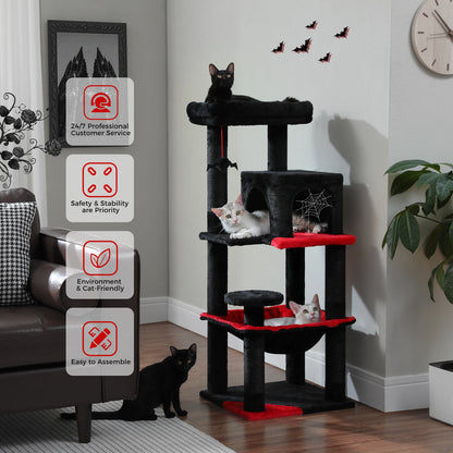 Gratte-ciel pour chats de style gothique avec hamac extra grand, poteau à griffer recouvert de sisal, condo confortable et perchoir supérieur en peluche – aire de jeux intérieure pour chats peu encombrante.