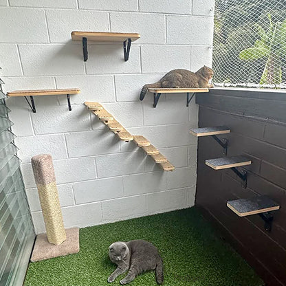 Arbre à chat en bois mural avec perchoirs flottants, poteaux à griffer en sisal, hamac, marches et échelle – Aire de jeux verticale pour chat peu encombrante
