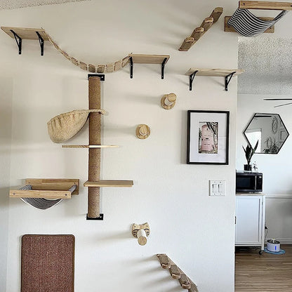 Étagère murale d’escalade pour chat avec échelle, marches, poteau à griffer en sisal, lit douillet et cachette – Tour d’arbre à chat modulaire d’intérieur et accessoires de mobilier pour animaux