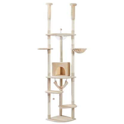 Arbre à chat réglable du sol au plafond avec 9 poteaux à griffer en sisal, condo douillet, hamac en peluche, perchoirs et balle à ressort – grand centre d’activité vertical multi-chats idéal pour les grandes famille