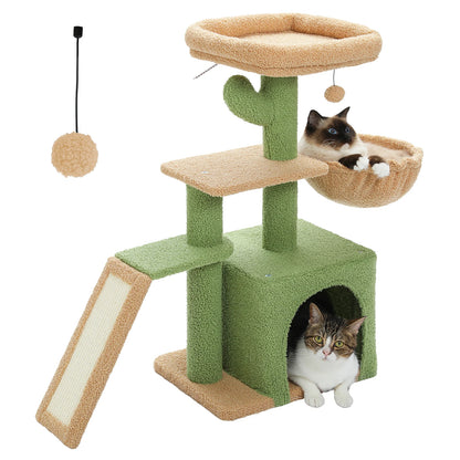 Tour pour chat réglable à 5 niveaux, du sol au plafond, avec poteaux à griffer en sisal, hamac en peluche et jouet suspendu – Design moderne en forme de cactus pour les jeux d'intérieur de plusieurs chats
