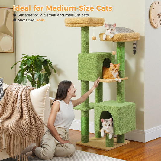 Arbre à chat cactus de 133 cm pour chats d’intérieur avec 2 perchoirs rembourrés, 2 condos douillets, 2 poteaux à griffer en sisal et pompons suspendus remplaçables – aire de jeux multi-chats peu encombrante.