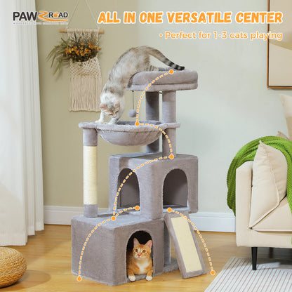 Arbre à chat de luxe tout-en-un avec 2 condos spacieux, grand hamac, perchoir rembourré, poteaux à griffer et rampe – Centre robuste de jeu et de repos multi-chats pour gros chats avec sangle de sécurité.
