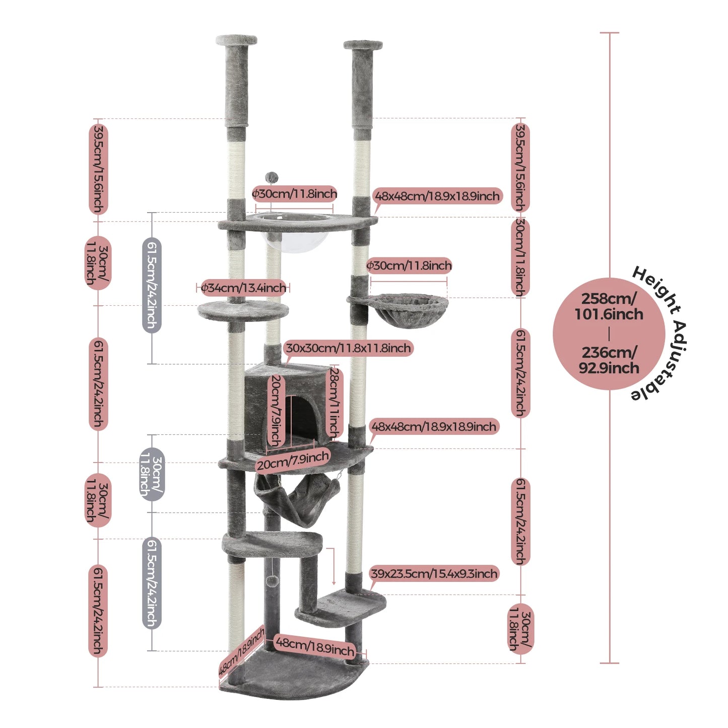 Arbre à chat réglable du sol au plafond avec 9 poteaux à griffer en sisal, condo douillet, hamac en peluche, perchoirs et balle à ressort – grand centre d’activité vertical multi-chats idéal pour les grandes famille