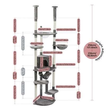 Arbre à chat réglable du sol au plafond avec 9 poteaux à griffer en sisal, condo douillet, hamac en peluche, perchoirs et balle à ressort – grand centre d’activité vertical multi-chats idéal pour les grandes famille