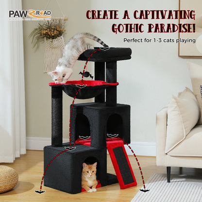 Arbre à chat de luxe tout-en-un avec 2 condos spacieux, grand hamac, perchoir rembourré, poteaux à griffer et rampe – Centre robuste de jeu et de repos multi-chats pour gros chats avec sangle de sécurité.
