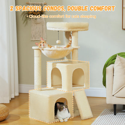 Arbre à chat de luxe tout-en-un avec 2 condos spacieux, grand hamac, perchoir rembourré, poteaux à griffer et rampe – Centre robuste de jeu et de repos multi-chats pour gros chats avec sangle de sécurité.