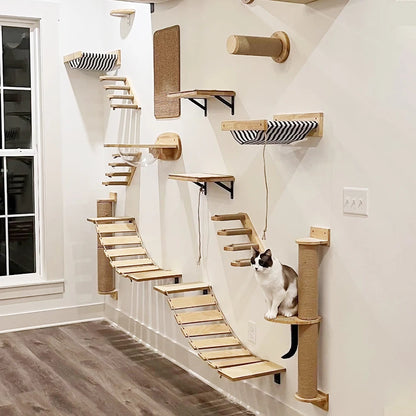 Étagère murale d’escalade pour chat avec échelle, marches, poteau à griffer en sisal, lit douillet et cachette – Tour d’arbre à chat modulaire d’intérieur et accessoires de mobilier pour animaux