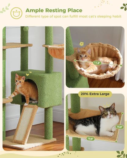 Arbre à chat Cactus réglable en hauteur, du sol au plafond, avec niche, hamac confortable et griffoirs – Arbre d'activité d'intérieur multi-chats peu encombrant