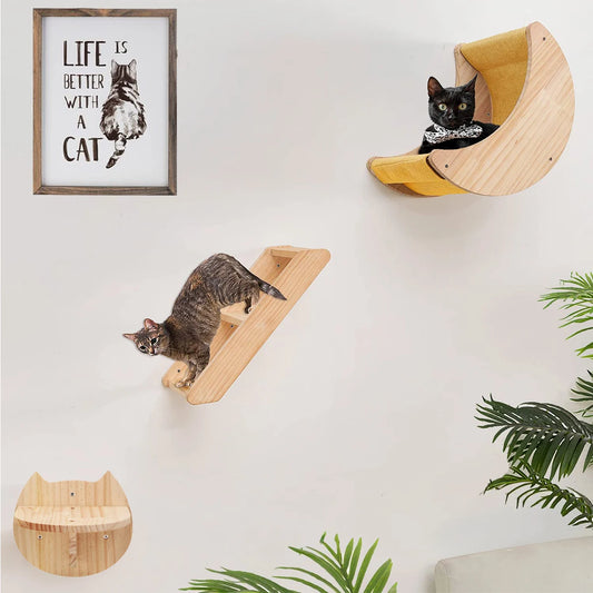 Ensemble d’étagères murales pour chat en forme de lune avec hamac, perchoirs, échelle et marches en bois massif – mobilier d’escalade intérieur élégant pour chat, pour l’activité, le repos et le jeu.