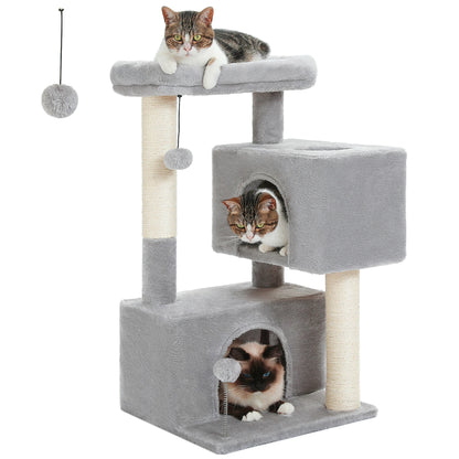 Arbre à chat de luxe tout-en-un avec 2 condos spacieux, grand hamac, perchoir rembourré, poteaux à griffer et rampe – Centre robuste de jeu et de repos multi-chats pour gros chats avec sangle de sécurité.