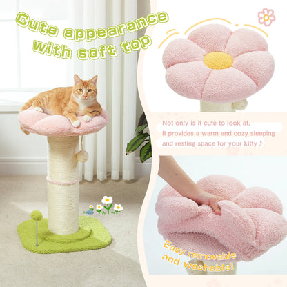 Arbre à chat fleur rose avec poteau à griffer en sisal naturel super épais, perchoir stable intérieur avec tapis et boules interactives.