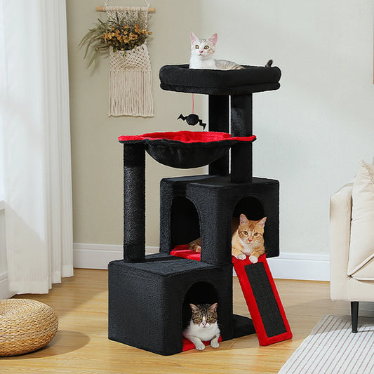 Arbre à chat de luxe tout-en-un avec 2 condos spacieux, grand hamac, perchoir rembourré, poteaux à griffer et rampe – Centre robuste de jeu et de repos multi-chats pour gros chats avec sangle de sécurité.