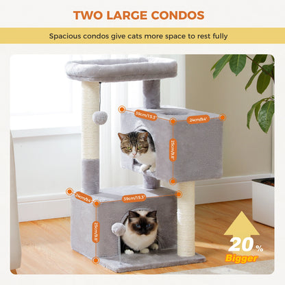 Arbre à chat de luxe tout-en-un avec 2 condos spacieux, grand hamac, perchoir rembourré, poteaux à griffer et rampe – Centre robuste de jeu et de repos multi-chats pour gros chats avec sangle de sécurité.