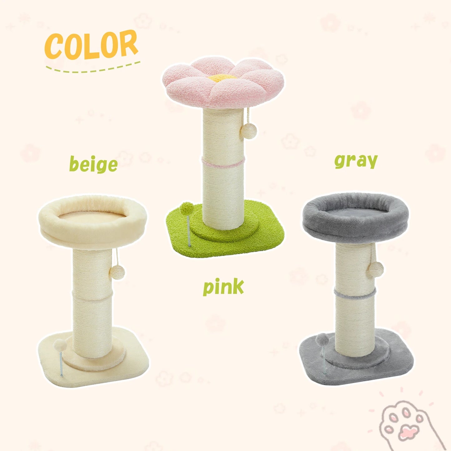 Arbre à chat fleur rose avec poteau à griffer en sisal naturel super épais, perchoir stable intérieur avec tapis et boules interactives.