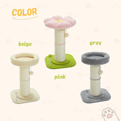 Arbre à chat fleur rose avec poteau à griffer en sisal naturel super épais, perchoir stable intérieur avec tapis et boules interactives.