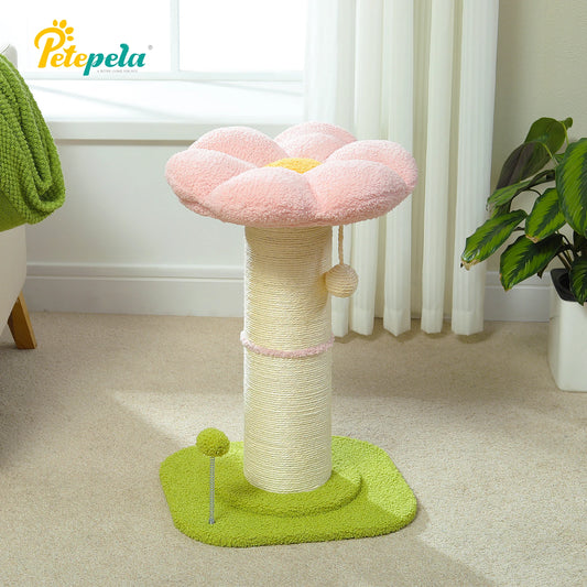Arbre à chat fleur rose avec poteau à griffer en sisal naturel super épais, perchoir stable intérieur avec tapis et boules interactives.