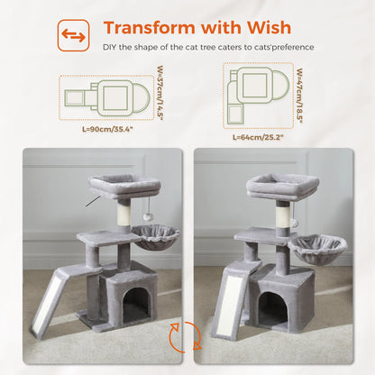 Tour pour chat réglable à 5 niveaux, du sol au plafond, avec poteaux à griffer en sisal, hamac en peluche et jouet suspendu – Design moderne en forme de cactus pour les jeux d'intérieur de plusieurs chats