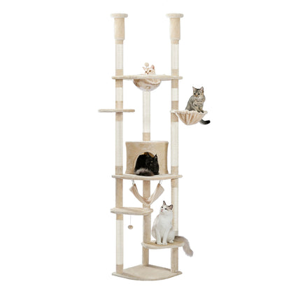 Arbre à chat réglable du sol au plafond avec 9 poteaux à griffer en sisal, condo douillet, hamac en peluche, perchoirs et balle à ressort – grand centre d’activité vertical multi-chats idéal pour les grandes famille
