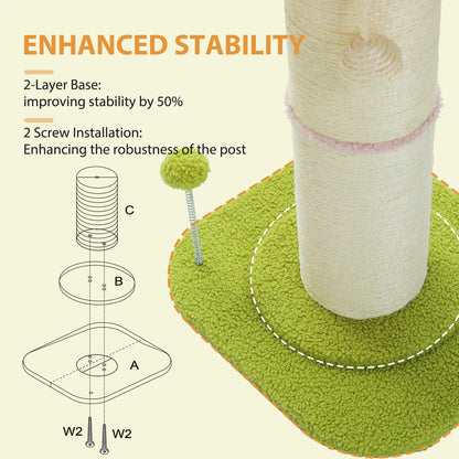 Arbre à chat fleur rose avec poteau à griffer en sisal naturel super épais, perchoir stable intérieur avec tapis et boules interactives.