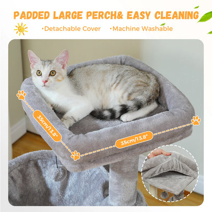 Arbre à chat de luxe tout-en-un avec 2 condos spacieux, grand hamac, perchoir rembourré, poteaux à griffer et rampe – Centre robuste de jeu et de repos multi-chats pour gros chats avec sangle de sécurité.