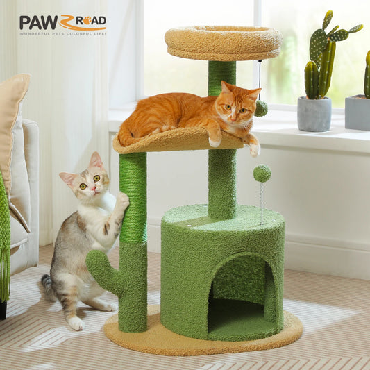 Arbre à chat cactus durable avec perchoir courbe, condo douillet, lit supérieur amovible, poteau à griffer en sisal naturel, tour pour chat d'intérieur.