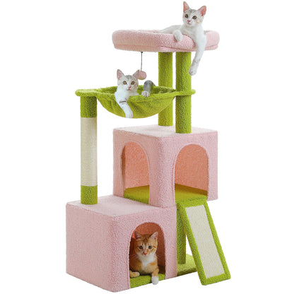 Arbre à chat de luxe tout-en-un avec 2 condos spacieux, grand hamac, perchoir rembourré, poteaux à griffer et rampe – Centre robuste de jeu et de repos multi-chats pour gros chats avec sangle de sécurité.