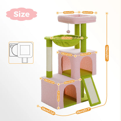 Arbre à chat de luxe tout-en-un avec 2 condos spacieux, grand hamac, perchoir rembourré, poteaux à griffer et rampe – Centre robuste de jeu et de repos multi-chats pour gros chats avec sangle de sécurité.