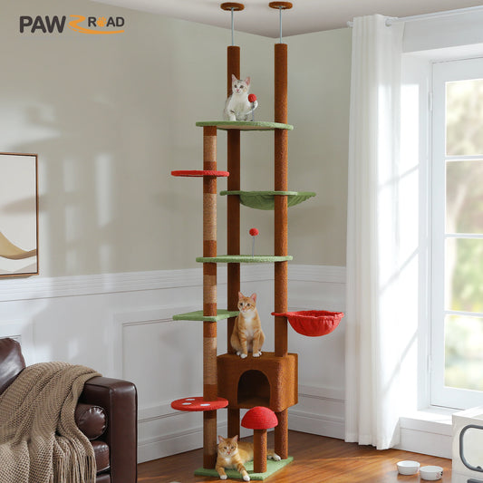 Arbre à chat cactus à hauteur réglable, tour multi-chats du sol au plafond avec condo, hamac et poteau à griffer pour grands chats.