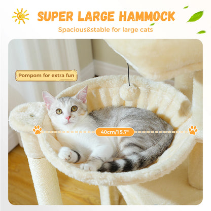 Arbre à chat de luxe tout-en-un avec 2 condos spacieux, grand hamac, perchoir rembourré, poteaux à griffer et rampe – Centre robuste de jeu et de repos multi-chats pour gros chats avec sangle de sécurité.