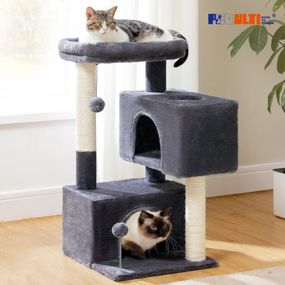 Arbre à chat de luxe tout-en-un avec 2 condos spacieux, grand hamac, perchoir rembourré, poteaux à griffer et rampe – Centre robuste de jeu et de repos multi-chats pour gros chats avec sangle de sécurité.