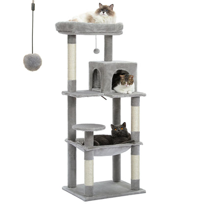 Tour d'arbre à chat à 5 niveaux pour grands chats avec hamac extra-large, niche confortable, poteaux à griffer en sisal et perchoir moelleux – Centre d'activités d'intérieur adapté aux chats lourds