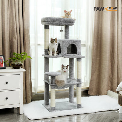 Tour d'arbre à chat à 5 niveaux pour grands chats avec hamac extra-large, niche confortable, poteaux à griffer en sisal et perchoir moelleux – Centre d'activités d'intérieur adapté aux chats lourds