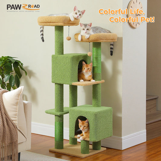 Arbre à chat cactus de 133 cm pour chats d’intérieur avec 2 perchoirs rembourrés, 2 condos douillets, 2 poteaux à griffer en sisal et pompons suspendus remplaçables – aire de jeux multi-chats peu encombrante.