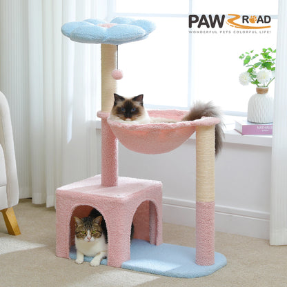 Arbre à chat fleuri avec grand hamac à cadre métallique, poteaux à griffer en sisal et perchoir rose – tour à chat stable, facile à nettoyer, avec condo spacieux à deux portes, idéal pour petits chats en intérieur.