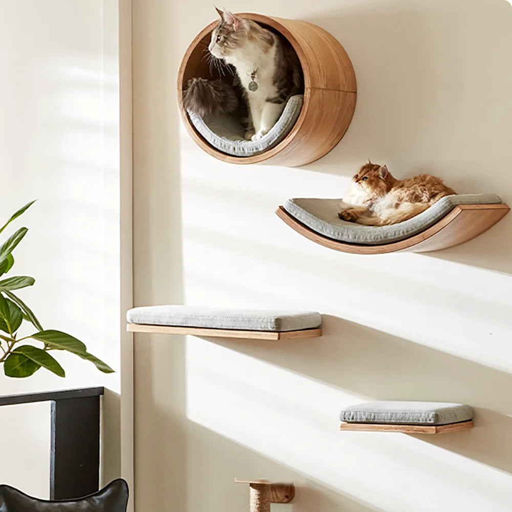 Arbre à chat en bois mural avec perchoirs flottants, poteaux à griffer en sisal, hamac, marches et échelle – Aire de jeux verticale pour chat peu encombrante