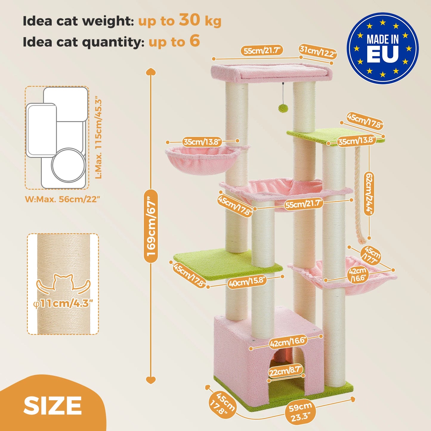 Arbre à chat pour gros chats avec 11 poteaux à griffer en sisal, 7 niveaux, plusieurs hamacs et perchoirs extra-larges – Château d’escalade robuste pour intérieur, adapté aux chats jusqu’à 10 kg.