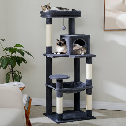 Tour d'arbre à chat à 5 niveaux pour grands chats avec hamac extra-large, niche confortable, poteaux à griffer en sisal et perchoir moelleux – Centre d'activités d'intérieur adapté aux chats lourds