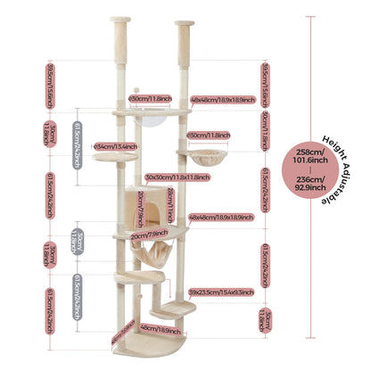 Arbre à chat réglable du sol au plafond avec 9 poteaux à griffer en sisal, condo douillet, hamac en peluche, perchoirs et balle à ressort – grand centre d’activité vertical multi-chats idéal pour les grandes famille