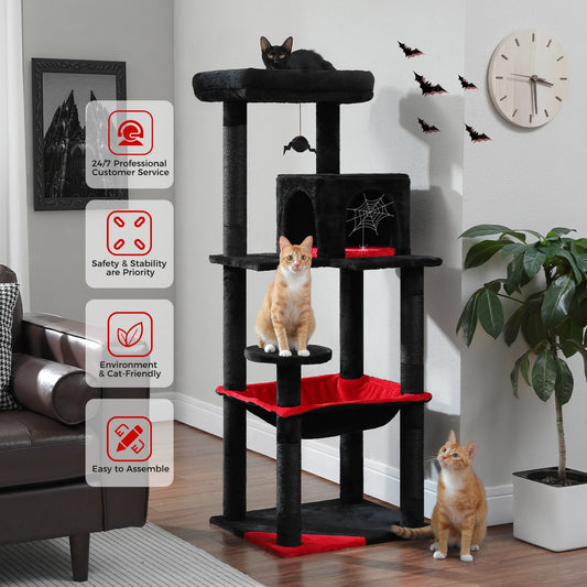 Gratte-ciel pour chats de style gothique avec hamac extra grand, poteau à griffer recouvert de sisal, condo confortable et perchoir supérieur en peluche – aire de jeux intérieure pour chats peu encombrante.