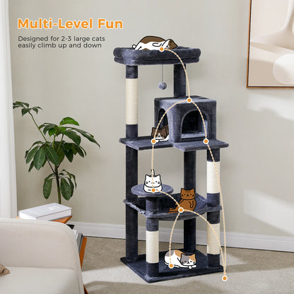 Tour d'arbre à chat à 5 niveaux pour grands chats avec hamac extra-large, niche confortable, poteaux à griffer en sisal et perchoir moelleux – Centre d'activités d'intérieur adapté aux chats lourds