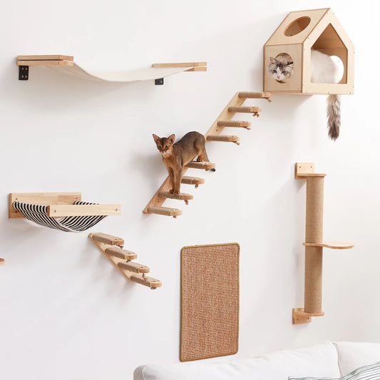 Meuble mural pour chat avec étagère flottante, poteau à griffer en sisal, perchoirs d’escalade, hamac douillet et marches murales – aire de jeux intérieure verticale pour chat, peu encombrante, pour dormir, jouer et s