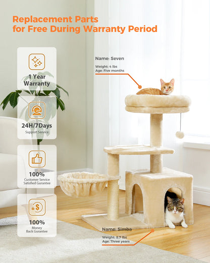 Tour pour chat réglable à 5 niveaux, du sol au plafond, avec poteaux à griffer en sisal, hamac en peluche et jouet suspendu – Design moderne en forme de cactus pour les jeux d'intérieur de plusieurs chats