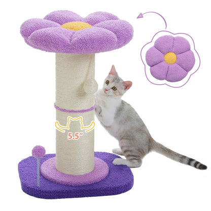 Arbre à chat fleur rose avec poteau à griffer en sisal naturel super épais, perchoir stable intérieur avec tapis et boules interactives.