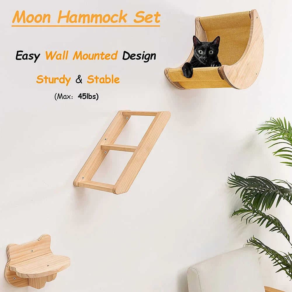 Ensemble d’étagères murales pour chat en forme de lune avec hamac, perchoirs, échelle et marches en bois massif – mobilier d’escalade intérieur élégant pour chat, pour l’activité, le repos et le jeu.